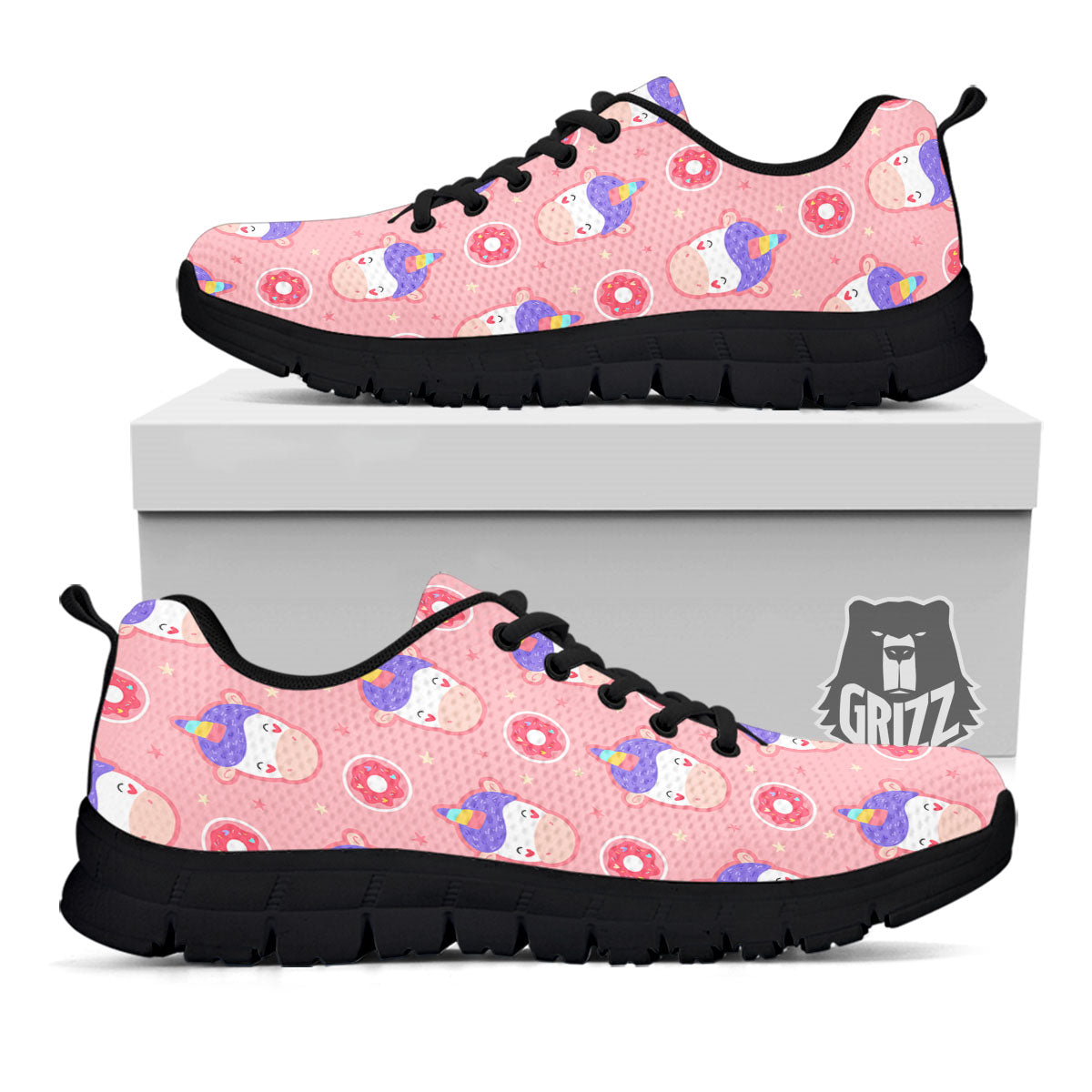 Unicorn Donut Pink Girly Print Pattern Black Sneaker-grizzshop