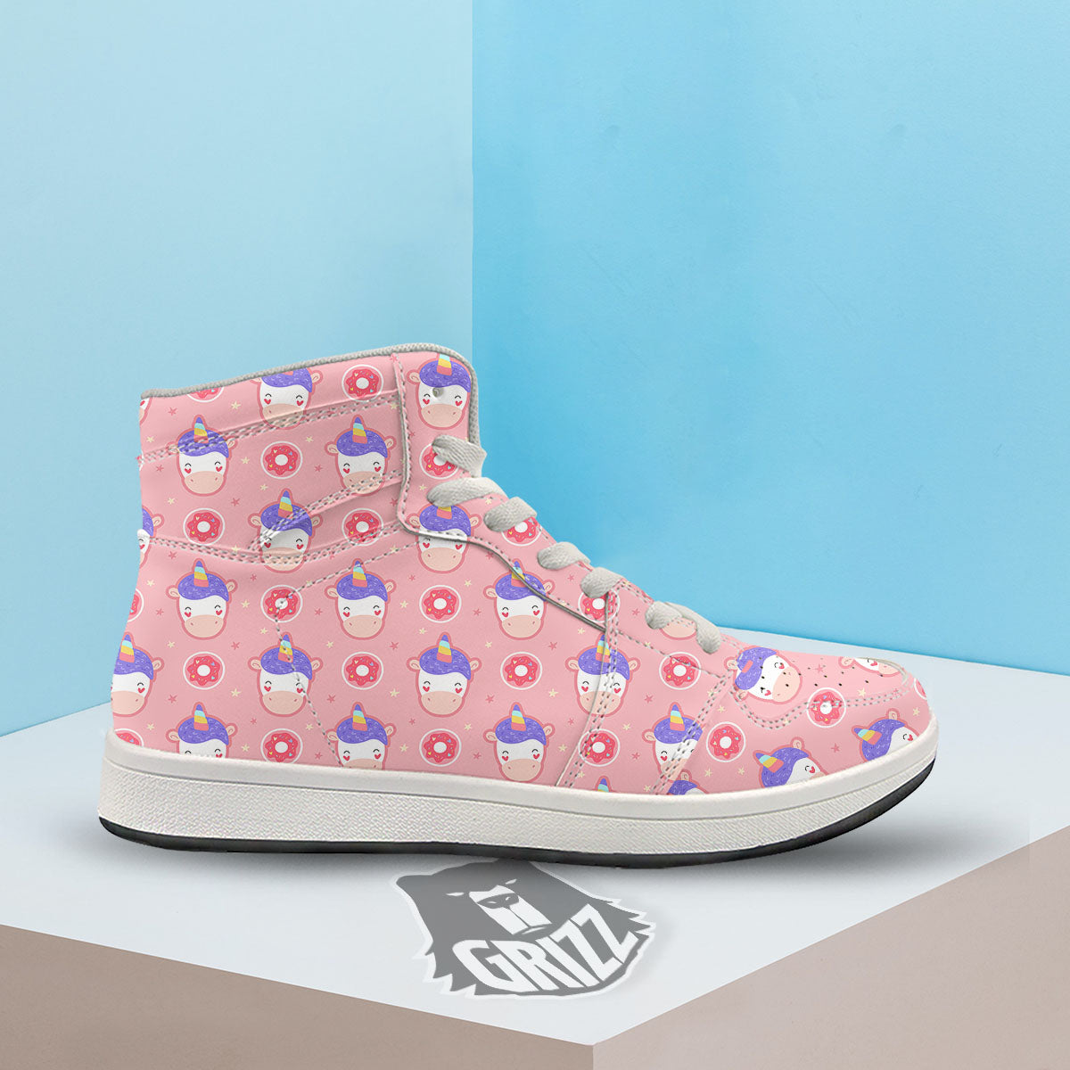 Unicorn Donut Pink Girly Print Pattern High Top Sneakers-grizzshop