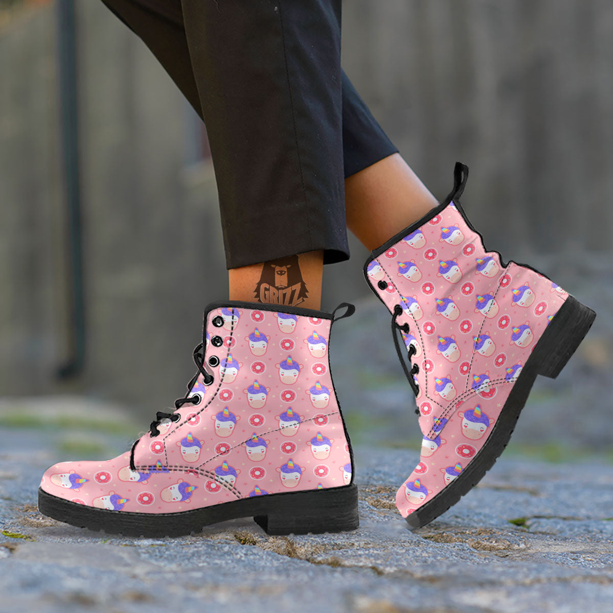 Unicorn Donut Pink Girly Print Pattern Leather Boots-grizzshop