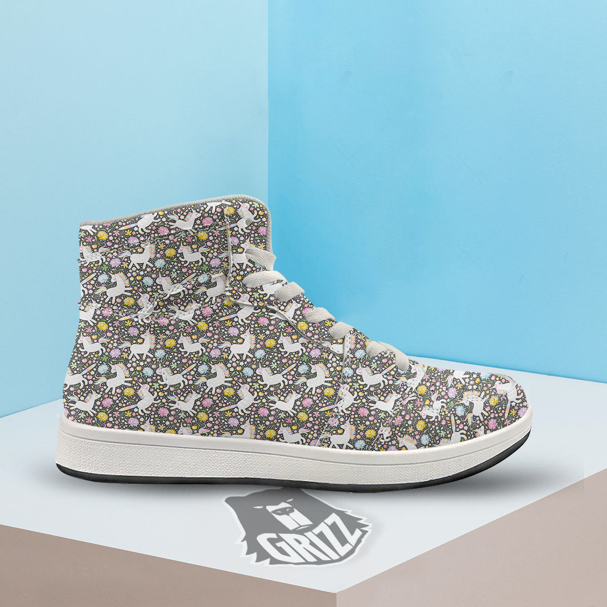 Unicorn Fairy Floral Print Pattern High Top Sneakers-grizzshop