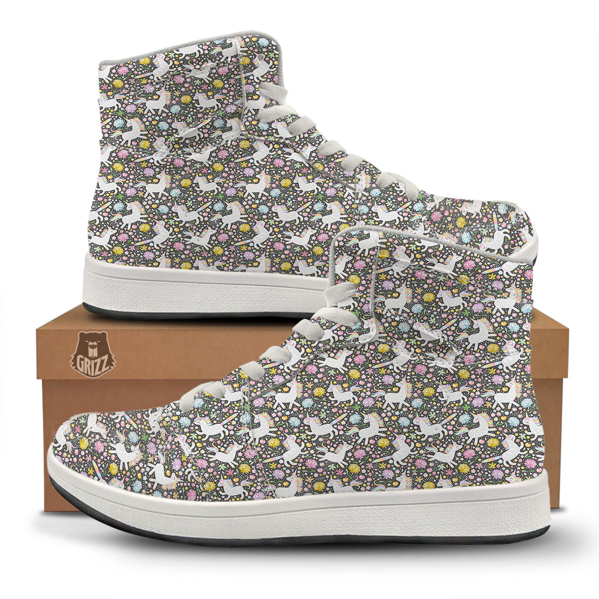 Unicorn Fairy Floral Print Pattern High Top Sneakers-grizzshop