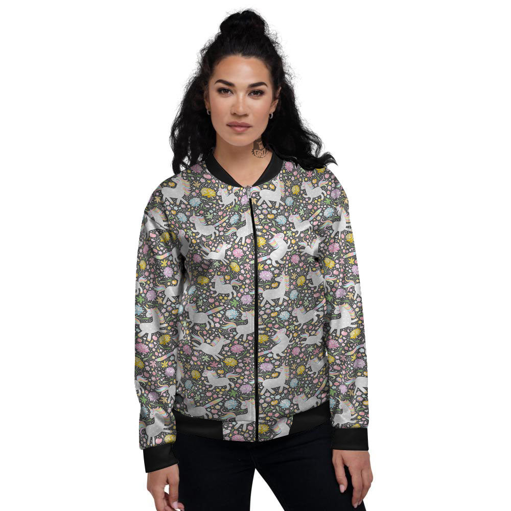 Unicorn Fairy Floral Print Pattern Women's Bomber Jacket-grizzshop