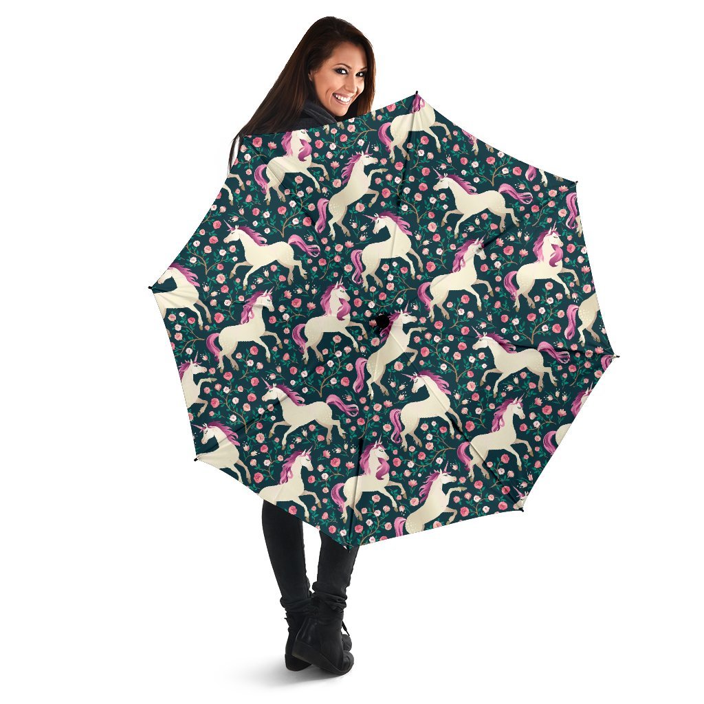 Unicorn Floral Pattern Print Automatic Foldable Umbrella-grizzshop