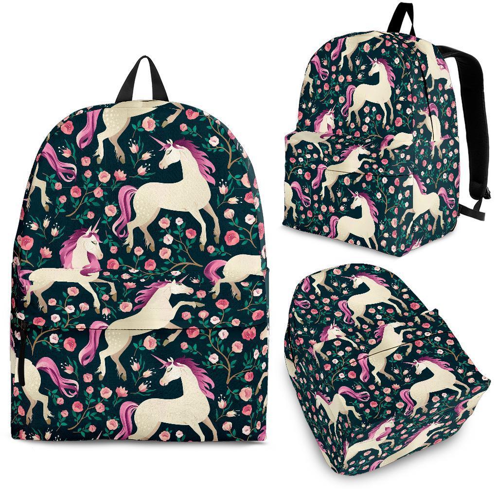 Unicorn Floral Pattern Print Backpack-grizzshop
