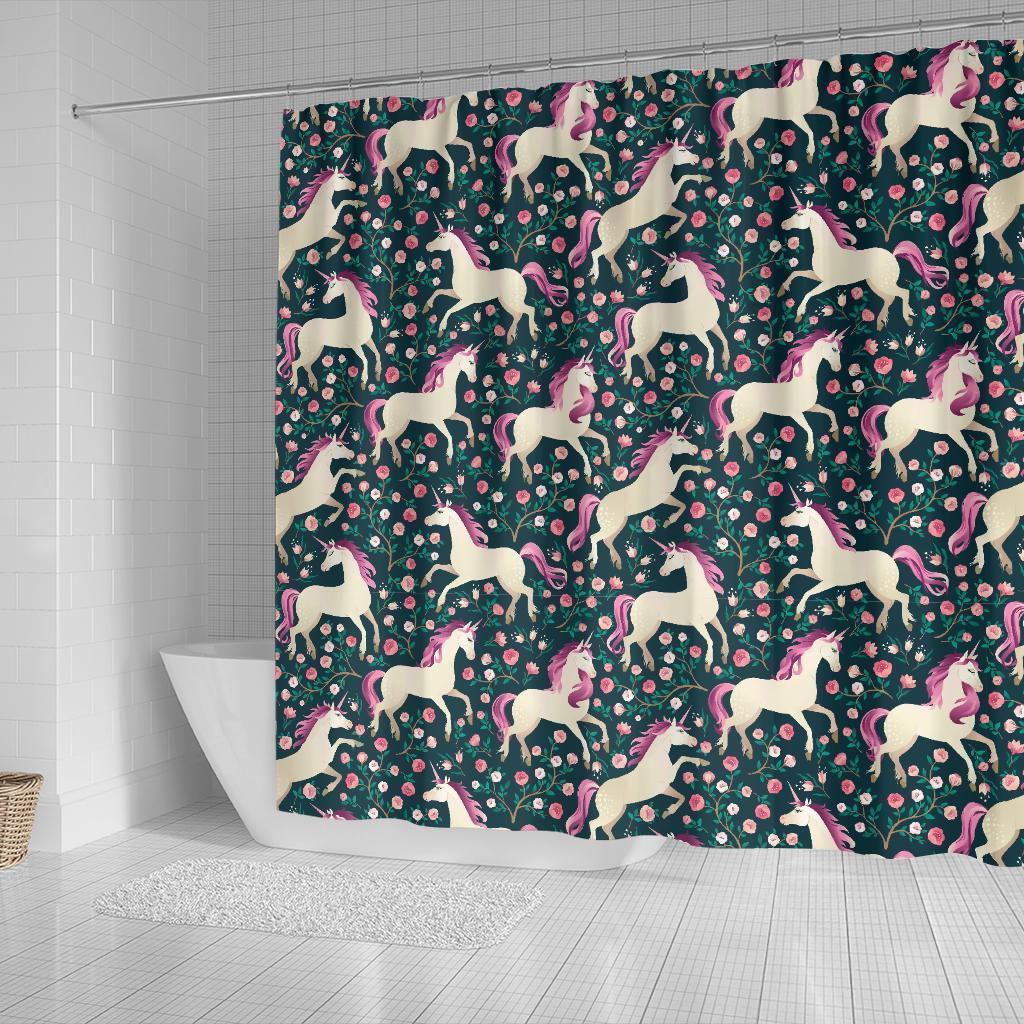 Unicorn Floral Pattern Print Bathroom Shower Curtain-grizzshop