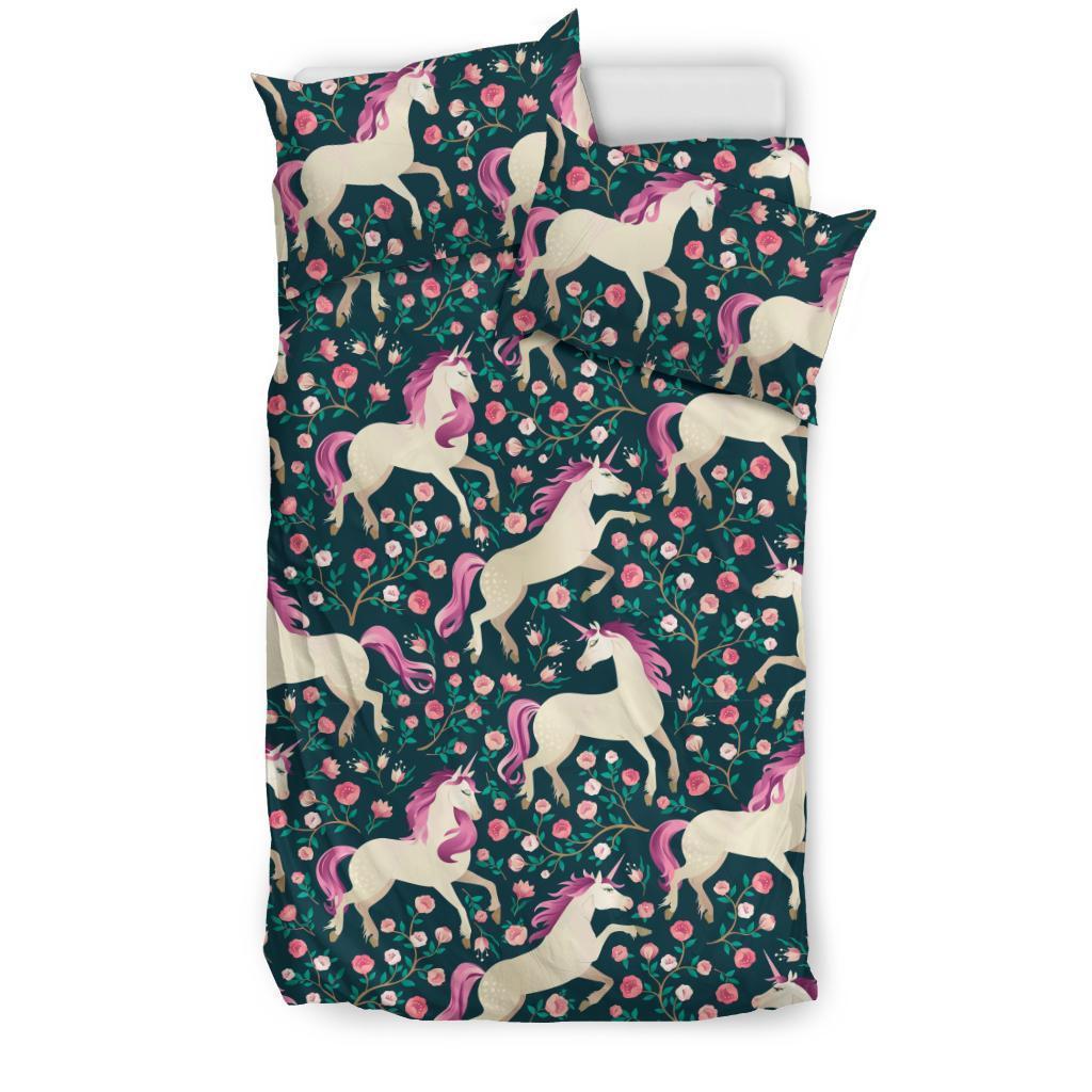 Unicorn Floral Pattern Print Duvet Cover Bedding Set-grizzshop