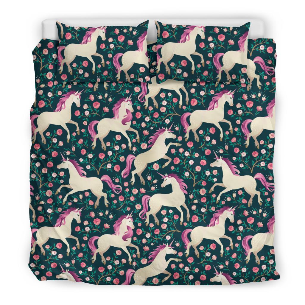 Unicorn Floral Pattern Print Duvet Cover Bedding Set-grizzshop