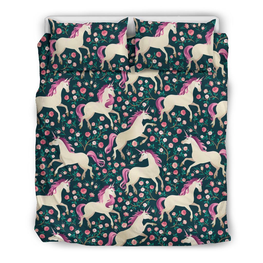 Unicorn Floral Pattern Print Duvet Cover Bedding Set-grizzshop