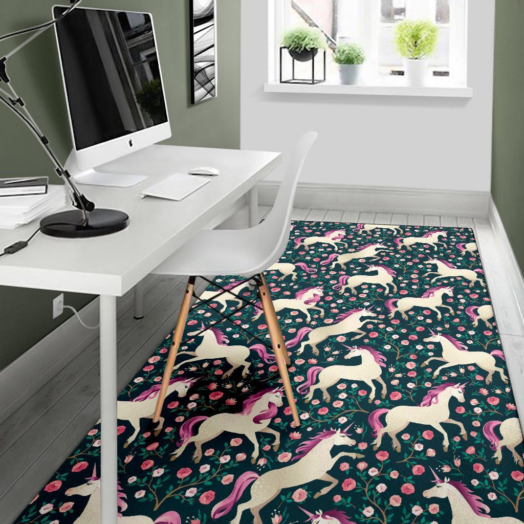 Unicorn Floral Pattern Print Floor Mat-grizzshop