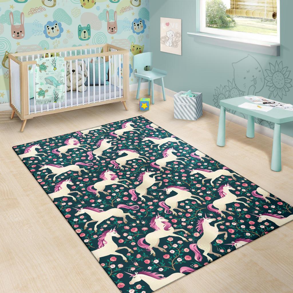 Unicorn Floral Pattern Print Floor Mat-grizzshop