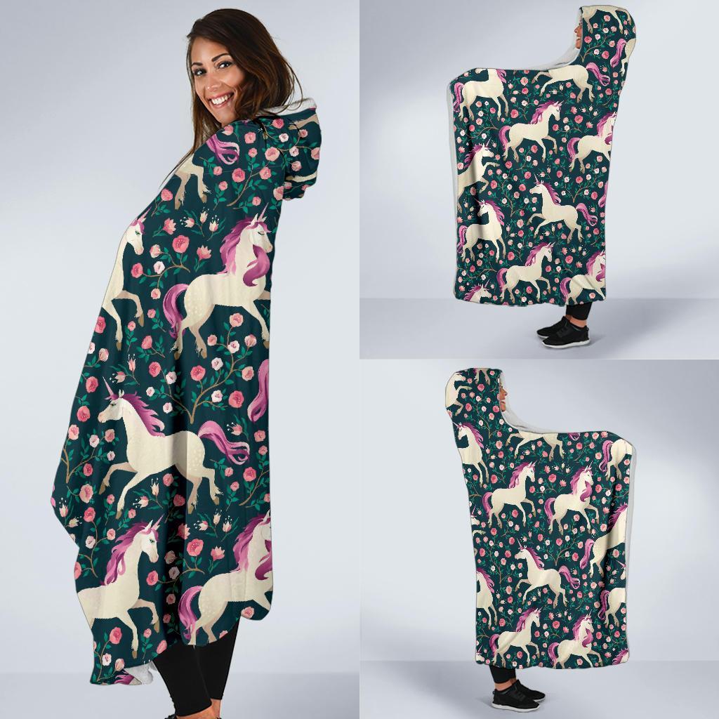 Unicorn Floral Pattern Print Hooded Blanket-grizzshop
