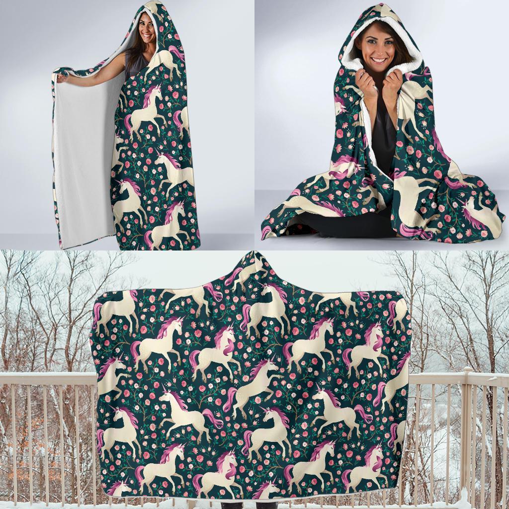 Unicorn Floral Pattern Print Hooded Blanket-grizzshop