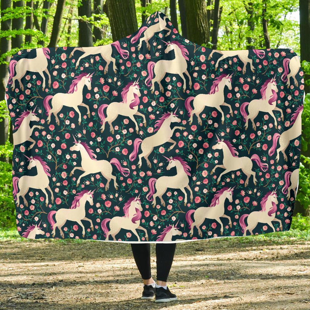 Unicorn Floral Pattern Print Hooded Blanket-grizzshop