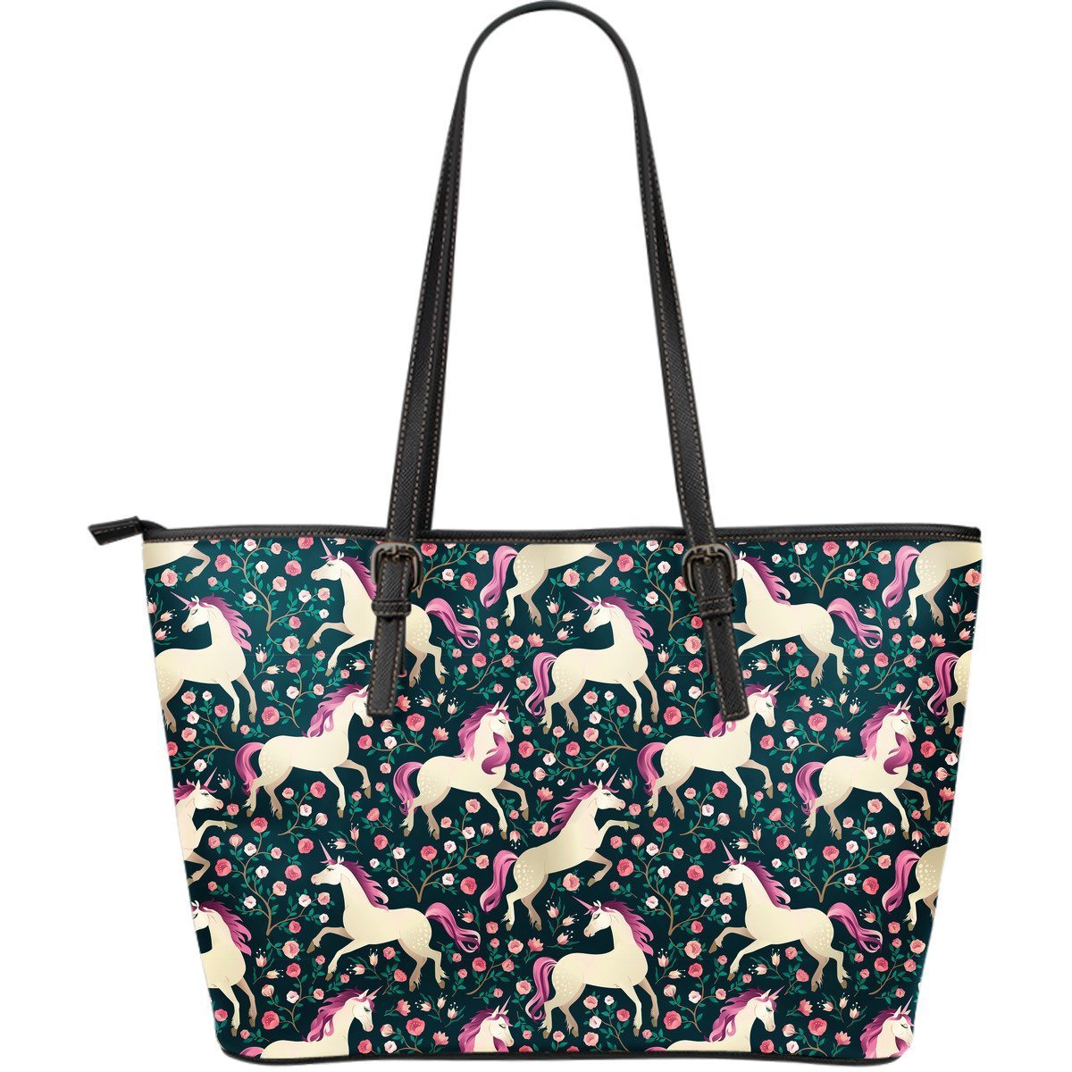 Unicorn Floral Pattern Print Leather Tote Bag-grizzshop
