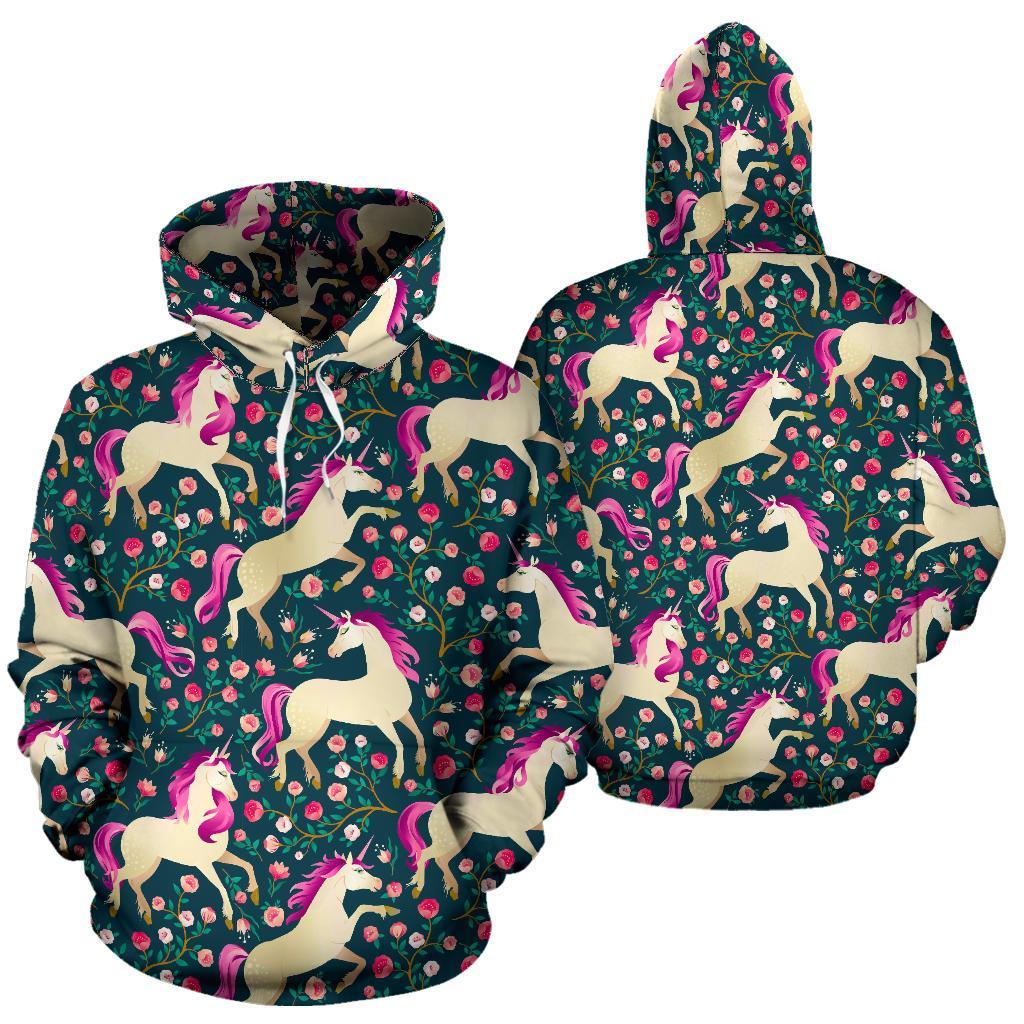 Unicorn Floral Pattern Print Men Women Pullover Hoodie-grizzshop