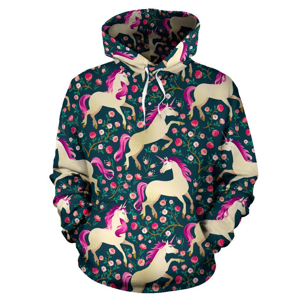 Unicorn Floral Pattern Print Men Women Pullover Hoodie-grizzshop