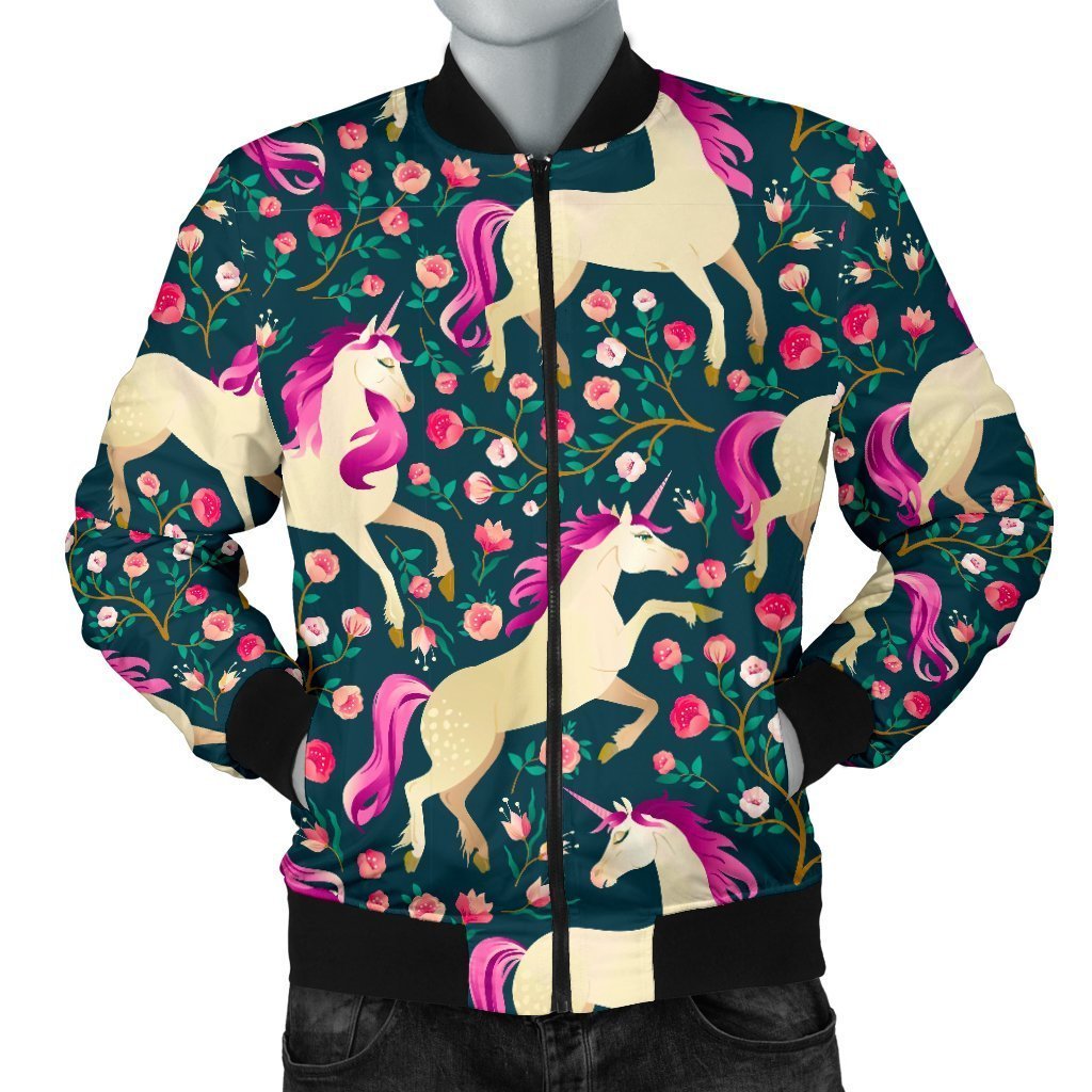 Unicorn Floral Pattern Print Men's Bomber Jacket-grizzshop