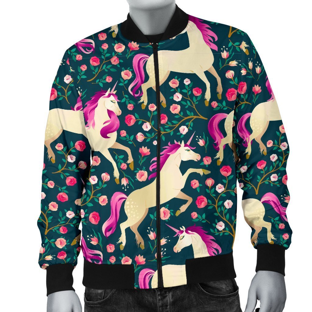 Unicorn Floral Pattern Print Men's Bomber Jacket-grizzshop