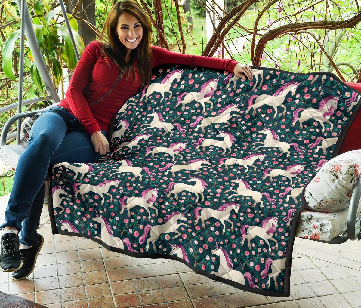 Unicorn Floral Pattern Print Quilt-grizzshop