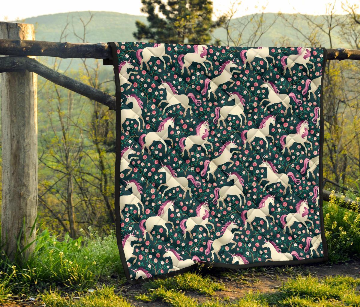 Unicorn Floral Pattern Print Quilt-grizzshop
