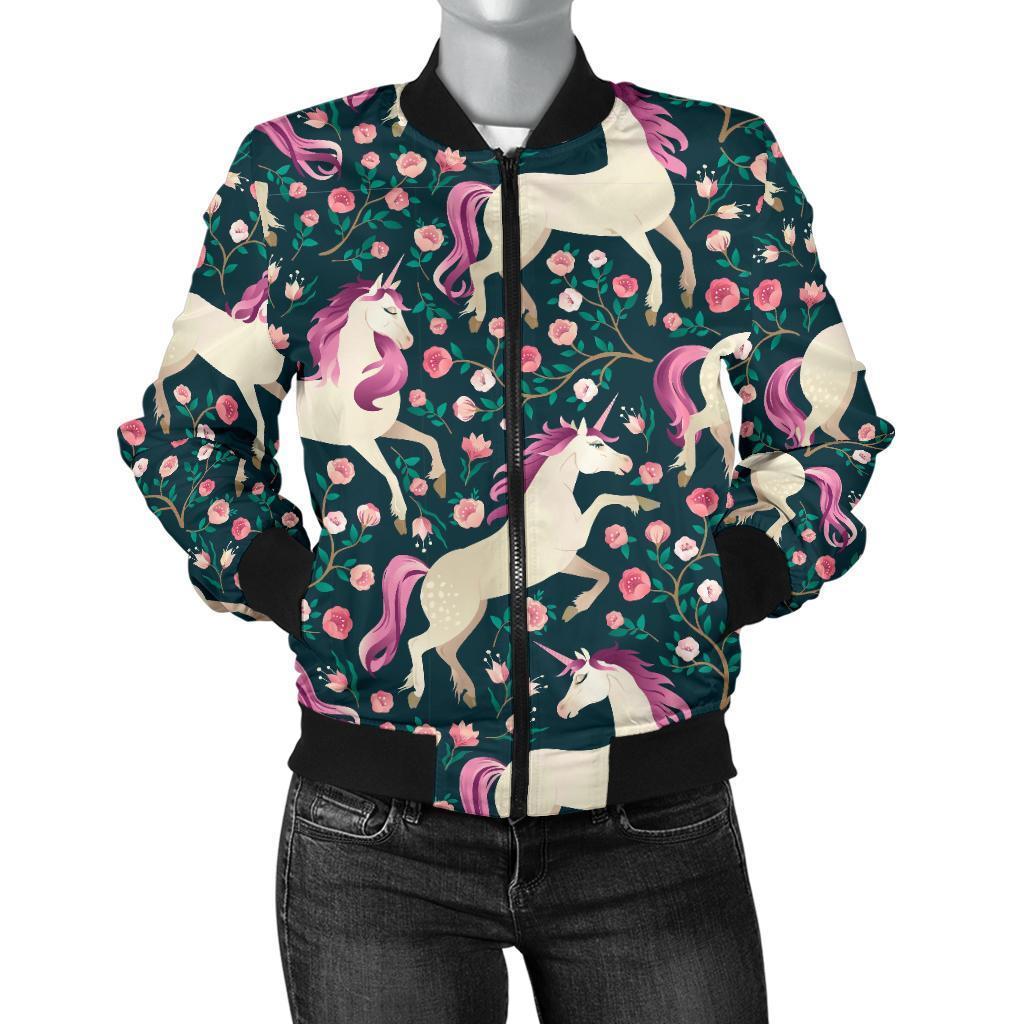 Unicorn Floral Pattern Print Women Casual Bomber Jacket-grizzshop