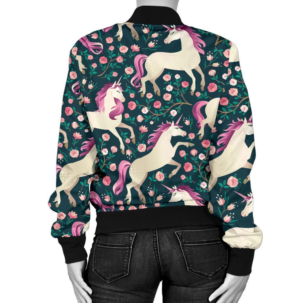 Unicorn Floral Pattern Print Women Casual Bomber Jacket-grizzshop