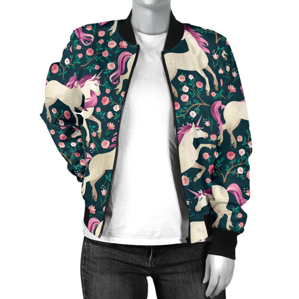 Unicorn Floral Pattern Print Women Casual Bomber Jacket-grizzshop