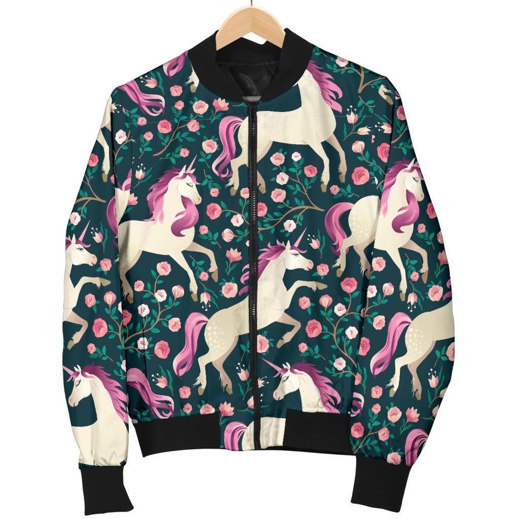 Unicorn Floral Pattern Print Women Casual Bomber Jacket-grizzshop