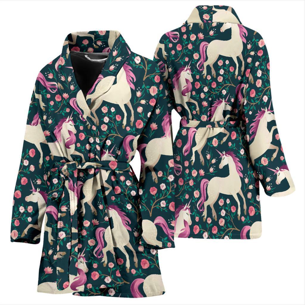 Unicorn Floral Pattern Print Women Long Robe-grizzshop