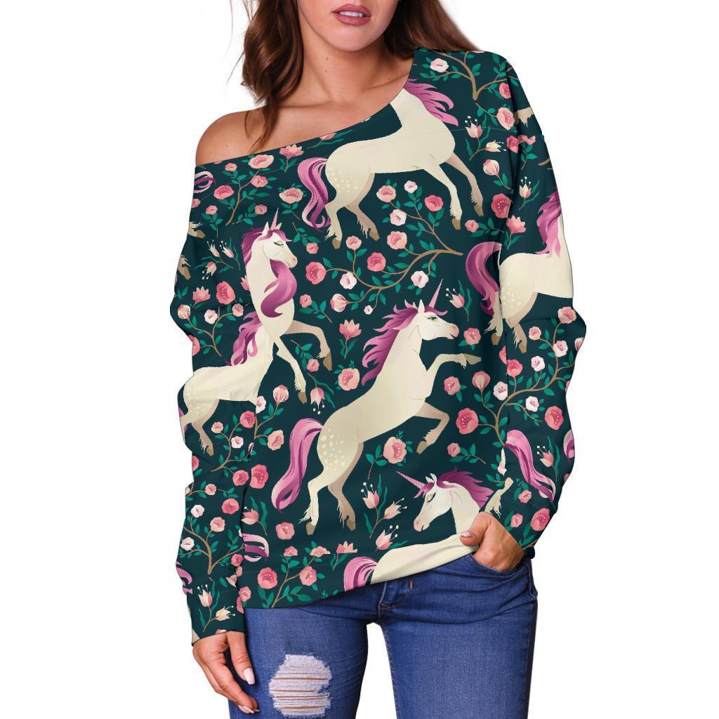 Unicorn Floral Pattern Print Women Off Shoulder Sweatshirt-grizzshop