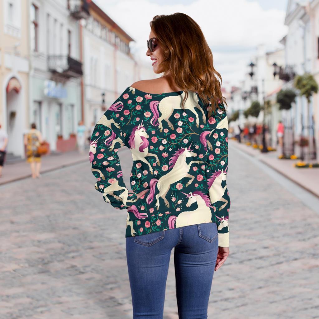 Unicorn Floral Pattern Print Women Off Shoulder Sweatshirt-grizzshop