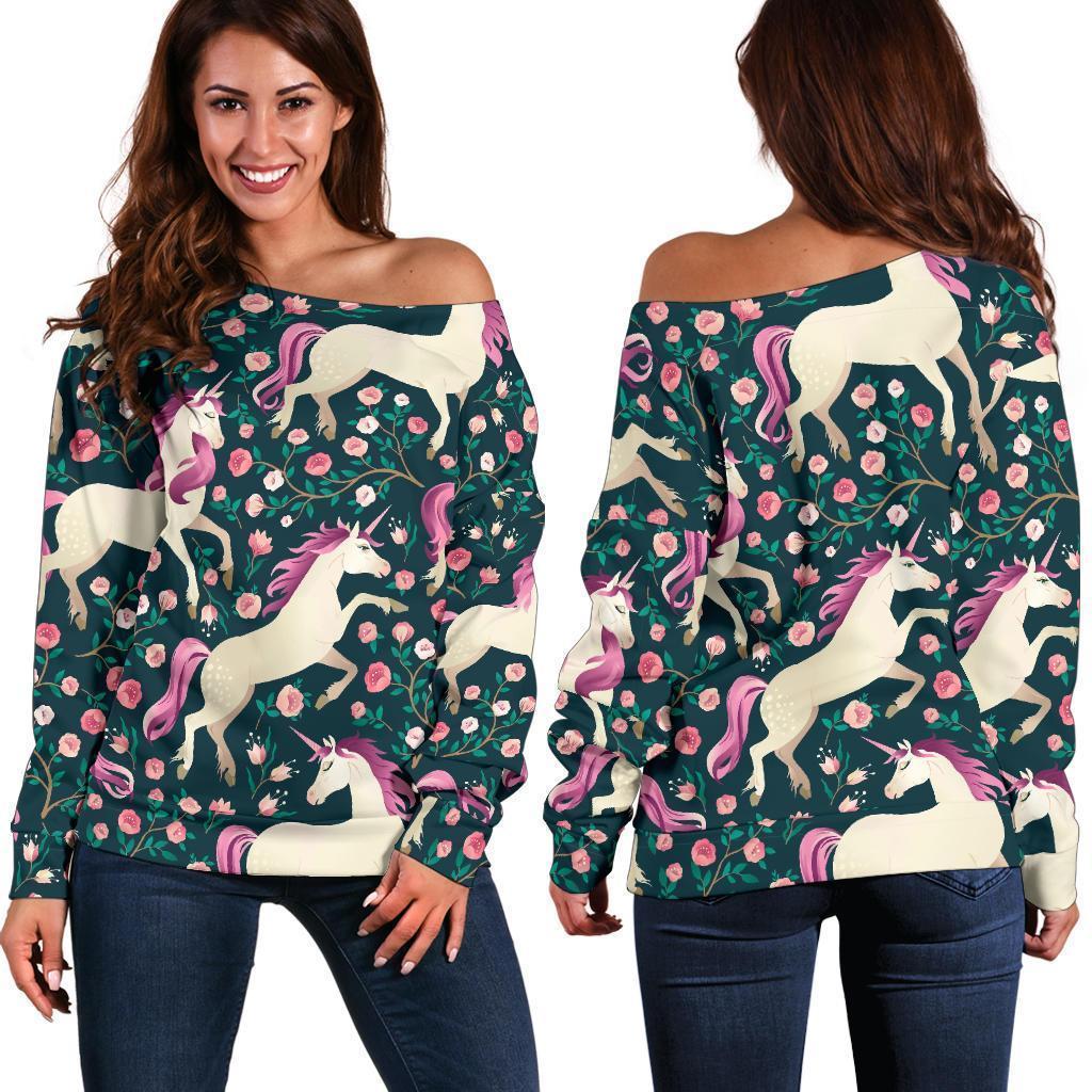 Unicorn Floral Pattern Print Women Off Shoulder Sweatshirt-grizzshop