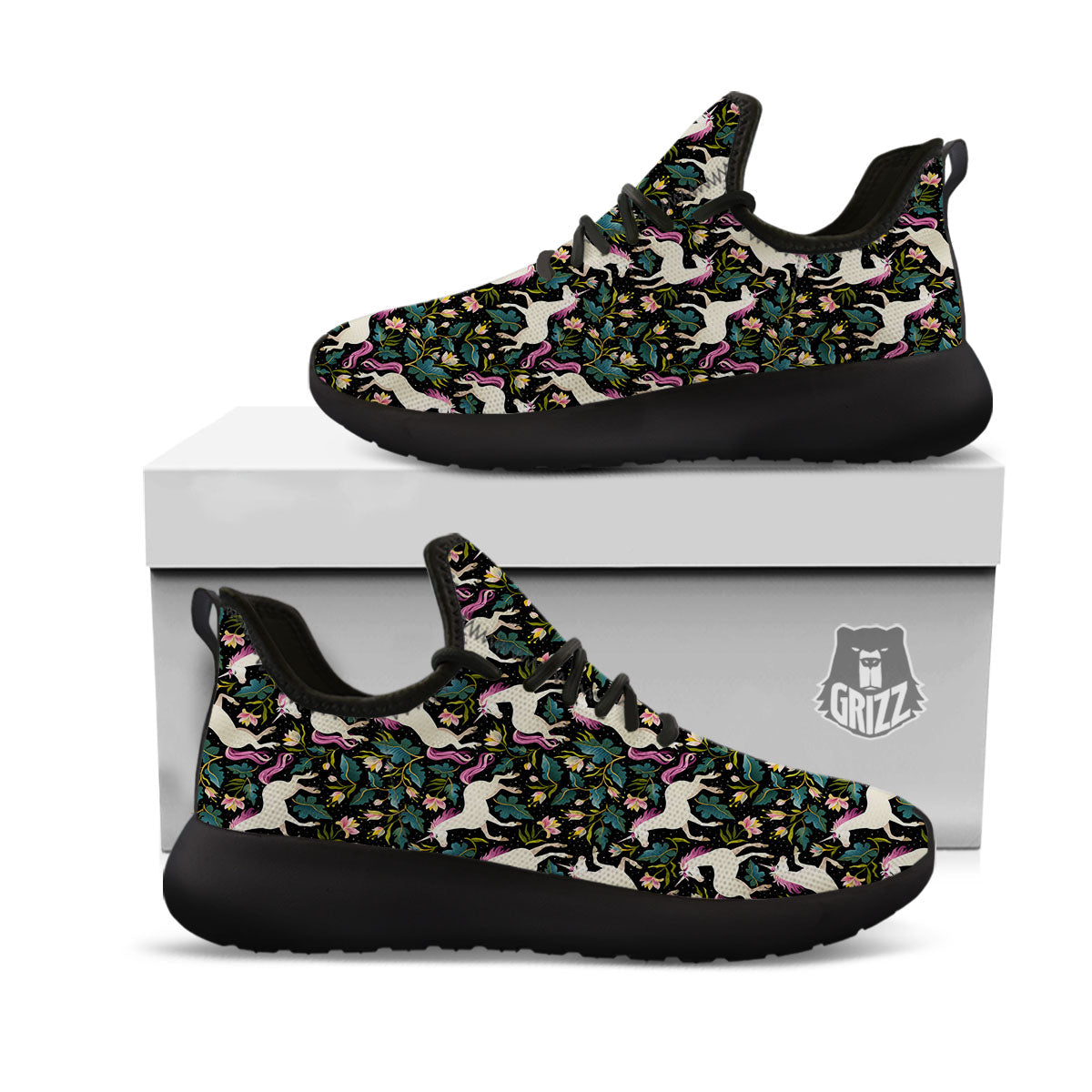 Unicorn Floral Print Pattern Black Athletic Shoes-grizzshop