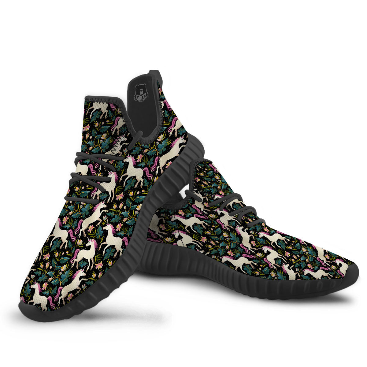 Unicorn Floral Print Pattern Black Walking Shoes-grizzshop