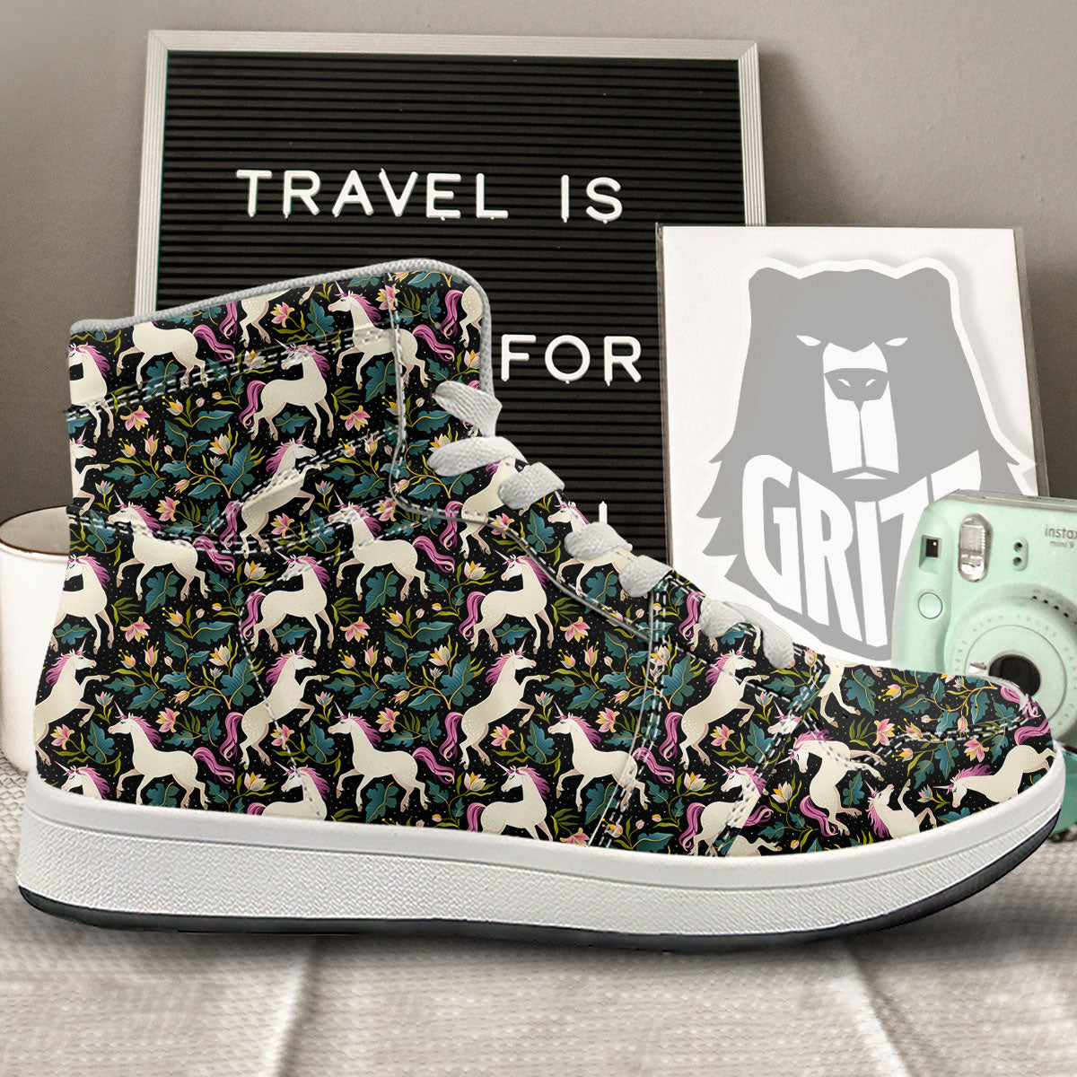 Unicorn Floral Print Pattern High Top Sneakers-grizzshop