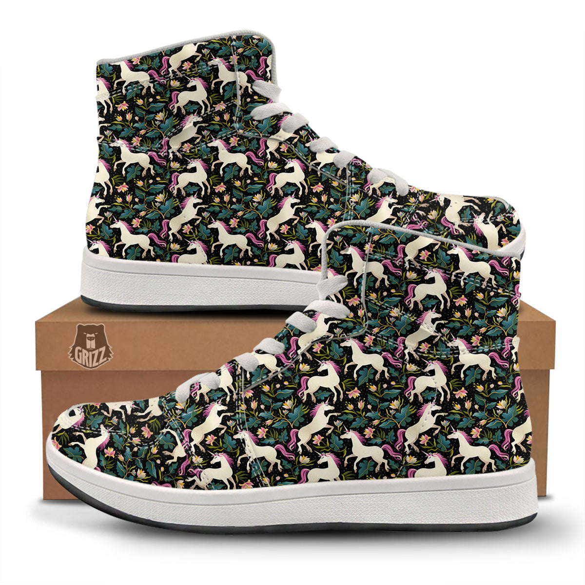 Unicorn Floral Print Pattern High Top Sneakers-grizzshop