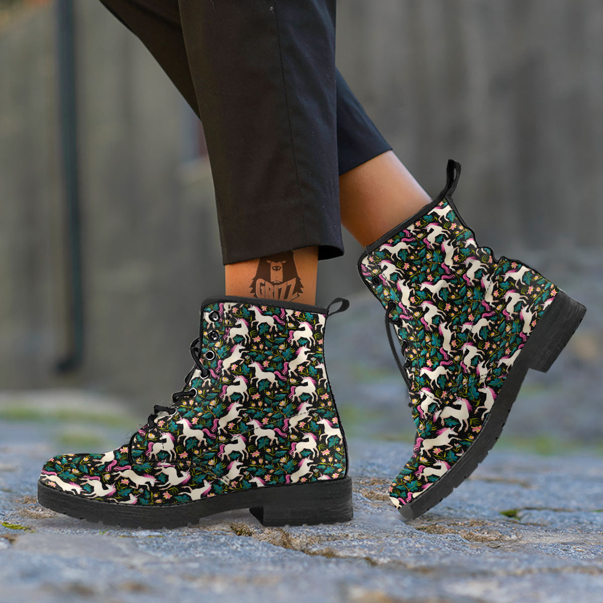 Unicorn Floral Print Pattern Leather Boots-grizzshop