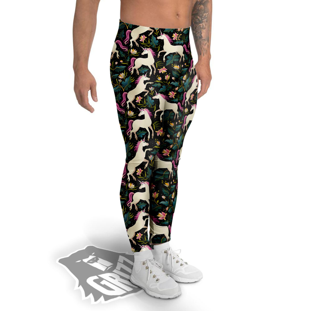 Unicorn Floral Print Pattern Men's Leggings-grizzshop