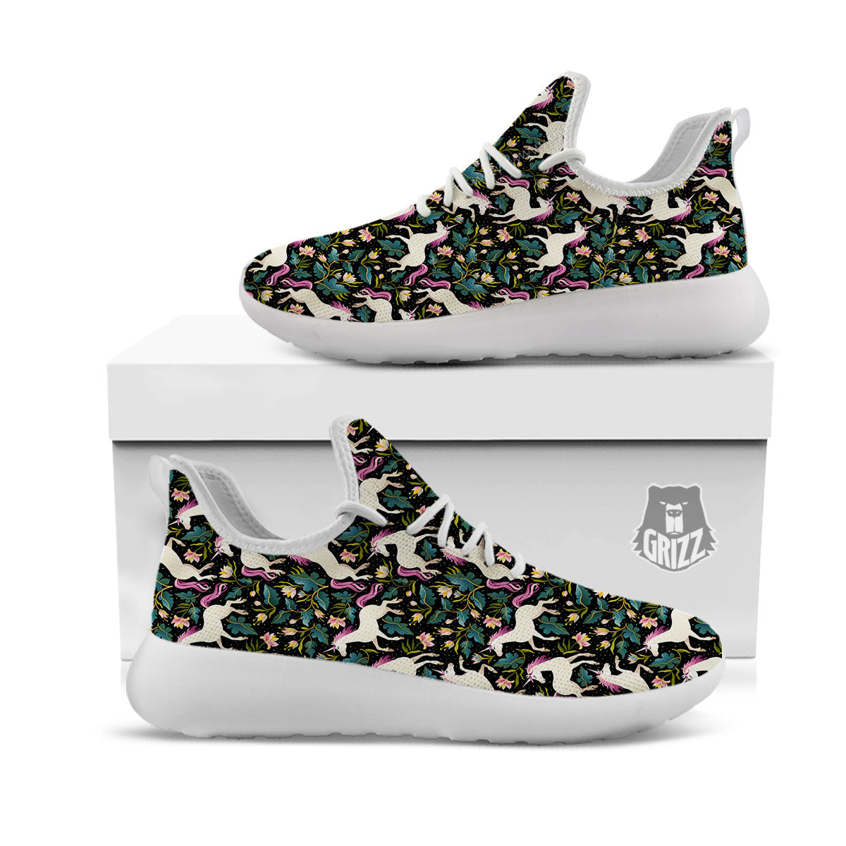 Unicorn Floral Print Pattern White Athletic Shoes-grizzshop