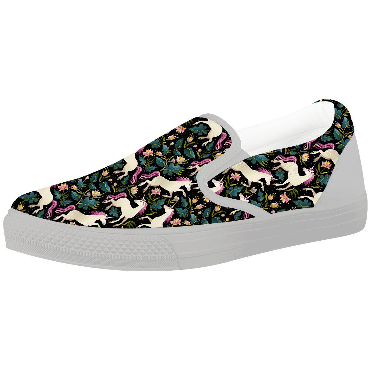 Unicorn Floral Print Pattern White Slip On Shoes-grizzshop