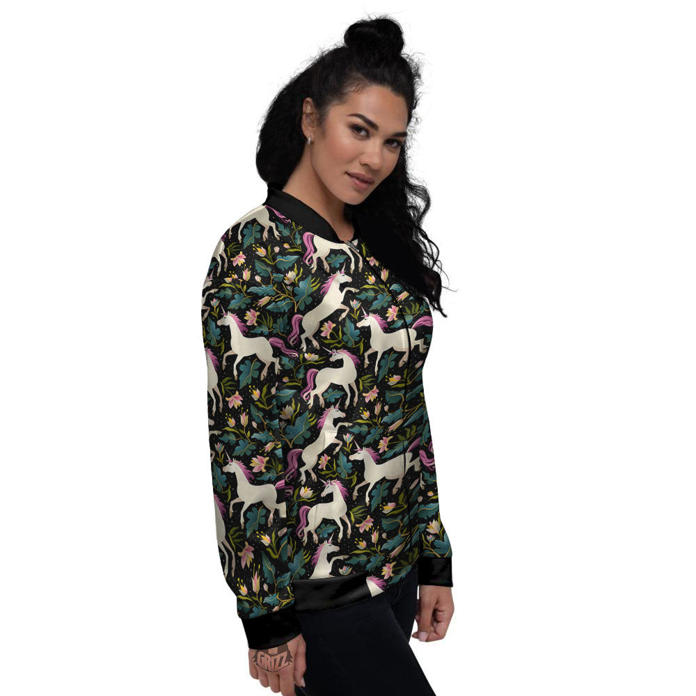 Unicorn Floral Print Pattern Women's Bomber Jacket-grizzshop