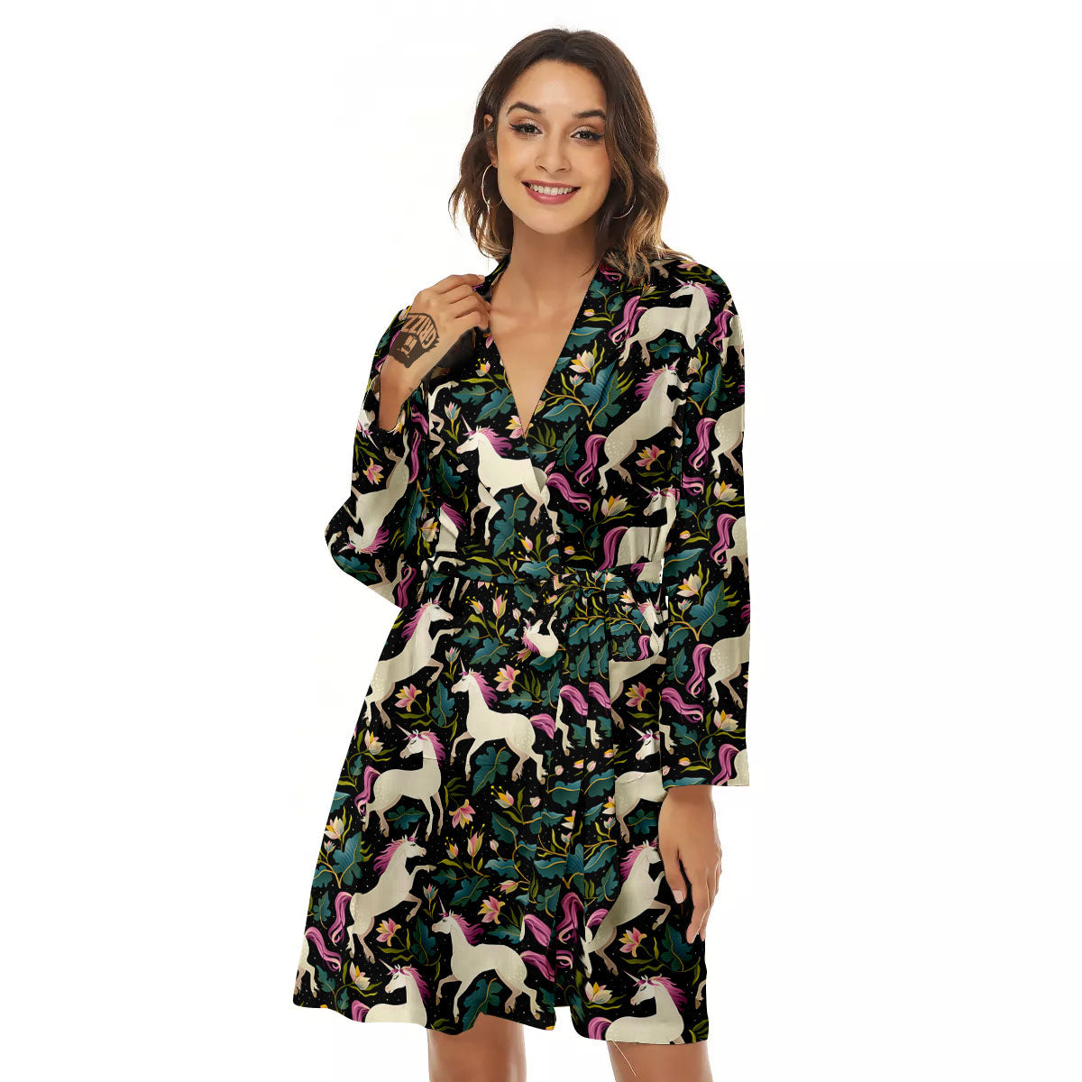 Unicorn Floral Print Pattern Women's Robe-grizzshop