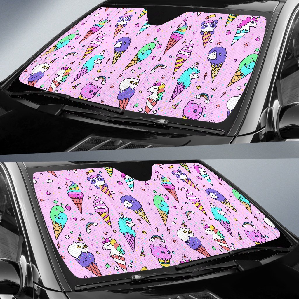 Unicorn Ice Cream Cone Pattern Print Car Sun Shade-grizzshop