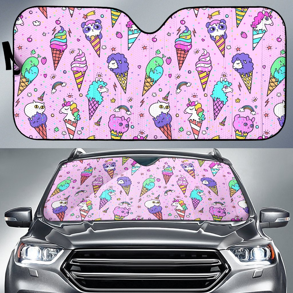 Unicorn Ice Cream Cone Pattern Print Car Sun Shade-grizzshop