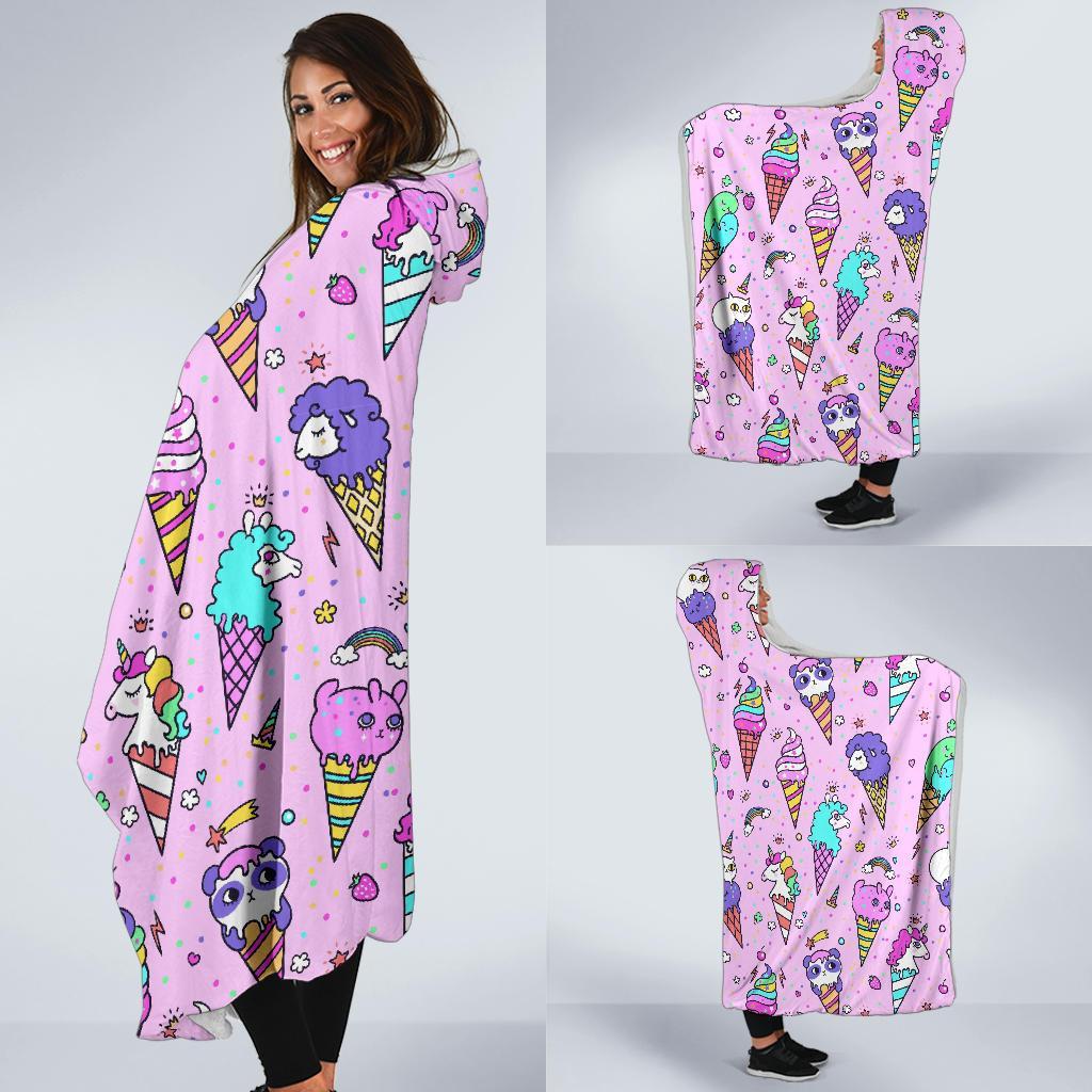 Unicorn Ice Cream Cone Pattern Print Hooded Blanket-grizzshop