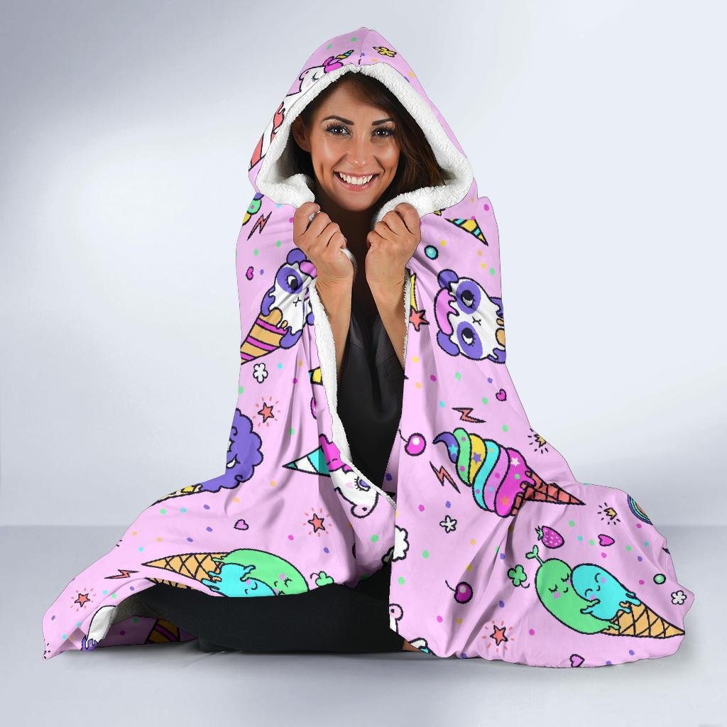 Unicorn Ice Cream Cone Pattern Print Hooded Blanket-grizzshop