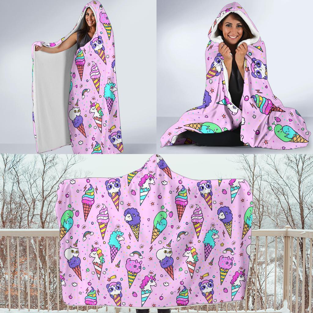 Unicorn Ice Cream Cone Pattern Print Hooded Blanket-grizzshop