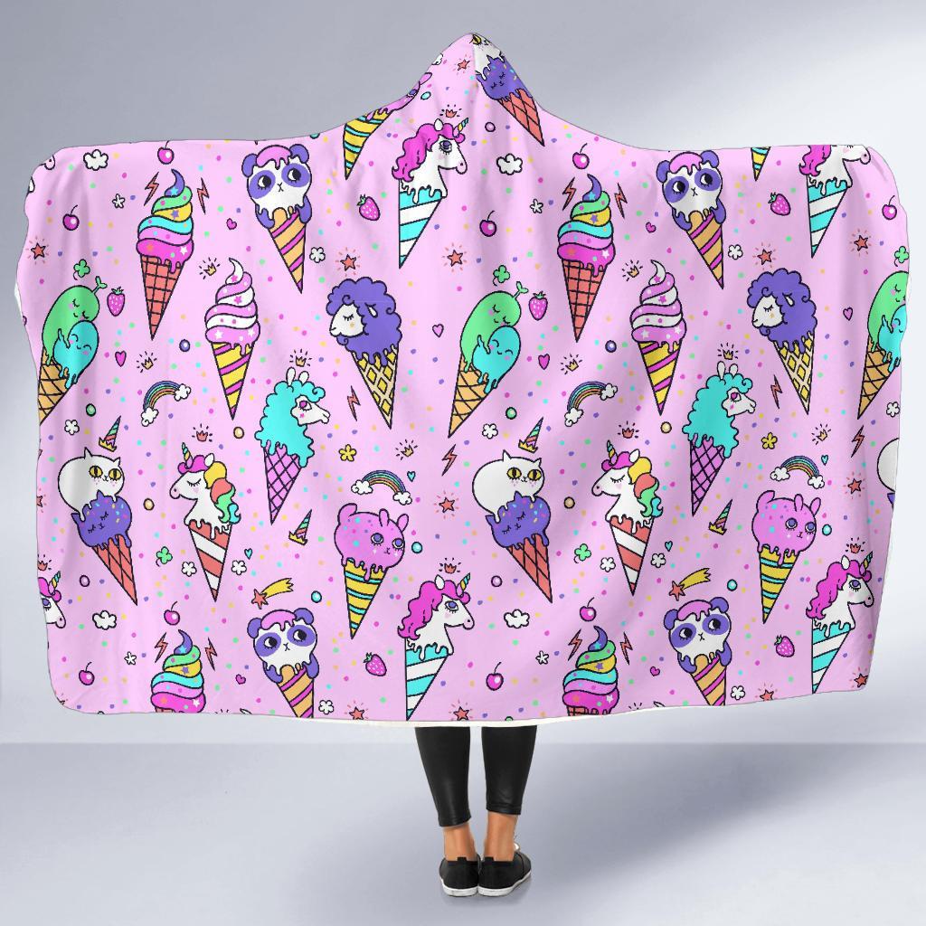 Unicorn Ice Cream Cone Pattern Print Hooded Blanket-grizzshop