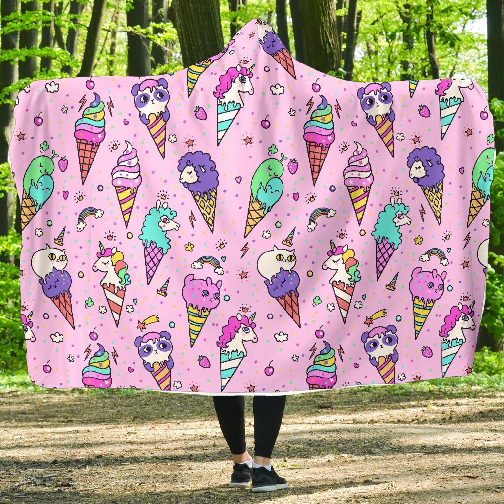 Unicorn Ice Cream Cone Pattern Print Hooded Blanket-grizzshop