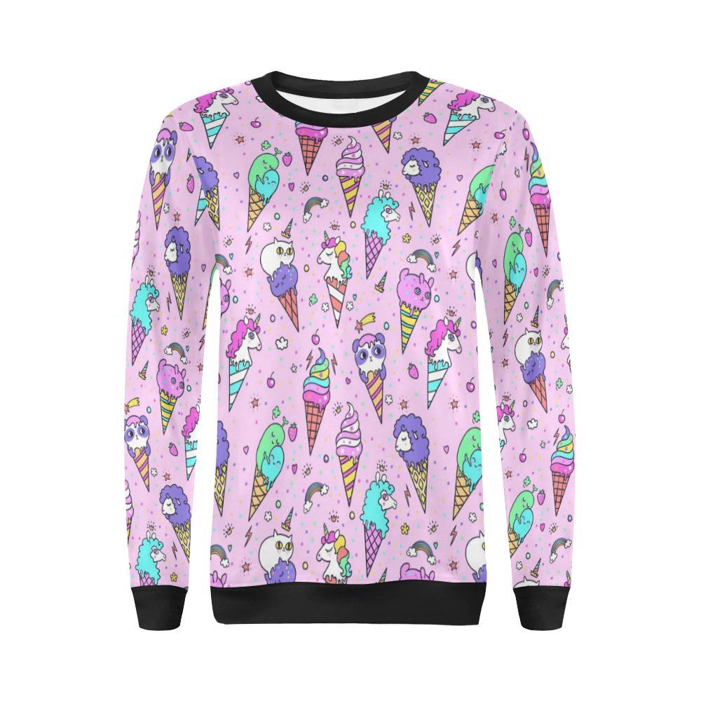 Unicorn Ice Cream Cone Pattern Print Women Crewneck Sweatshirt-grizzshop